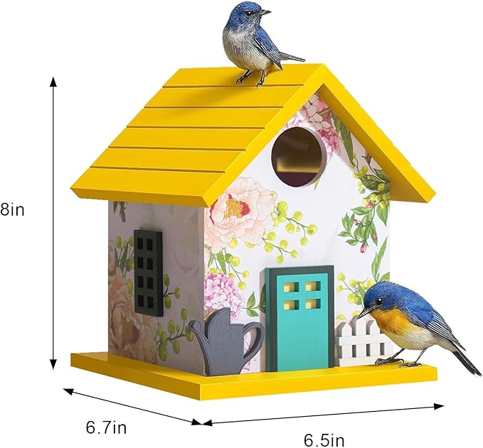 Spring Melody Bluebird House, Composite Material Nesting Box, Hanging Birdhouse for Blue Bird,Sparrow, Chickadee, Birdhouse for Outside, 5 Years Weatherable Bird Box on Post for Pole (Garden Cottage)