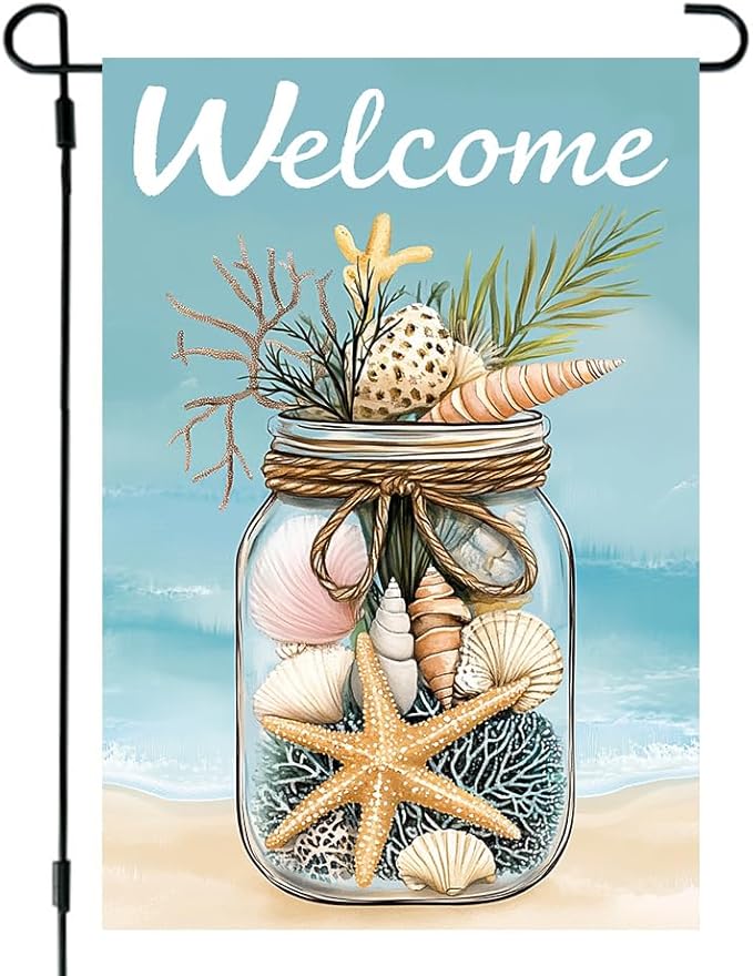 Summer Garden Flag 12x18 Double Sided, Burlap Seasonal Rustic Beach Shell Garden Flags Summer Outdoor Decorations, Small Decorative Yard Lawn Porch Flags for Outside Décor