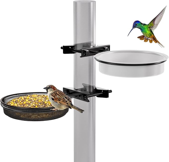 Bird Feeder for Railing Pole, Bird Feeding Station with Metal Mesh Food Tray and Water Bowls Adjustable 2.7" Pole Hummingbird Feeders for Outside Birdbaths Birdfeeder Fences Deck
