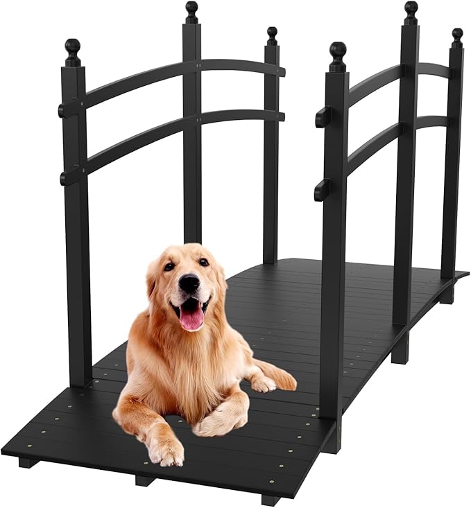 VINGLI Garden Bridge, Classic Wooden Bridge with Safety Rails, Decorative Arhced Footbridge for Patio Pond, Creek, Pathway (Black, 7.5 ft)