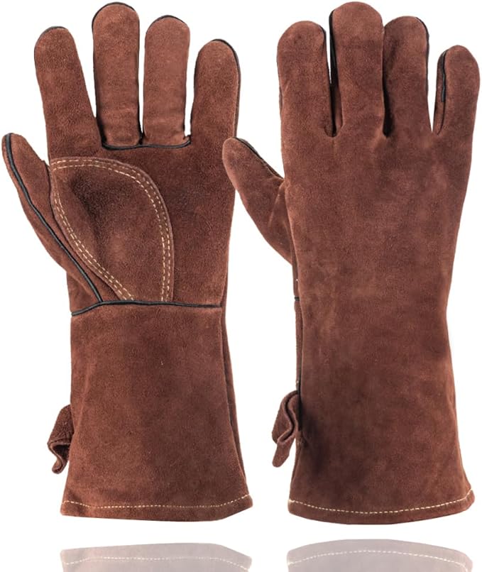 Fireproof Gloves for Fireplace & Fire Pit, Welding Gloves for Men & Women - 14 Inch Heat Resistant Leather Work Gloves (662℉) for MIG/TIG, BBQ, Camping - Premium Cowhide, Durable
