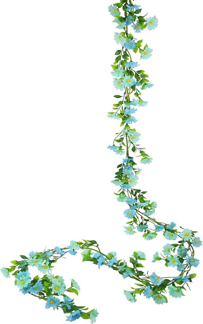 CISDUEO Artificial Daisy Flowers Vine Silk Wildflower Garland Spring Fake Flower Vine Hanging Ivy Blue Daisy Flowers Green Leaves for Wall Party Wedding Arch Floral Decor Home Indoor Outdoor Ceremony