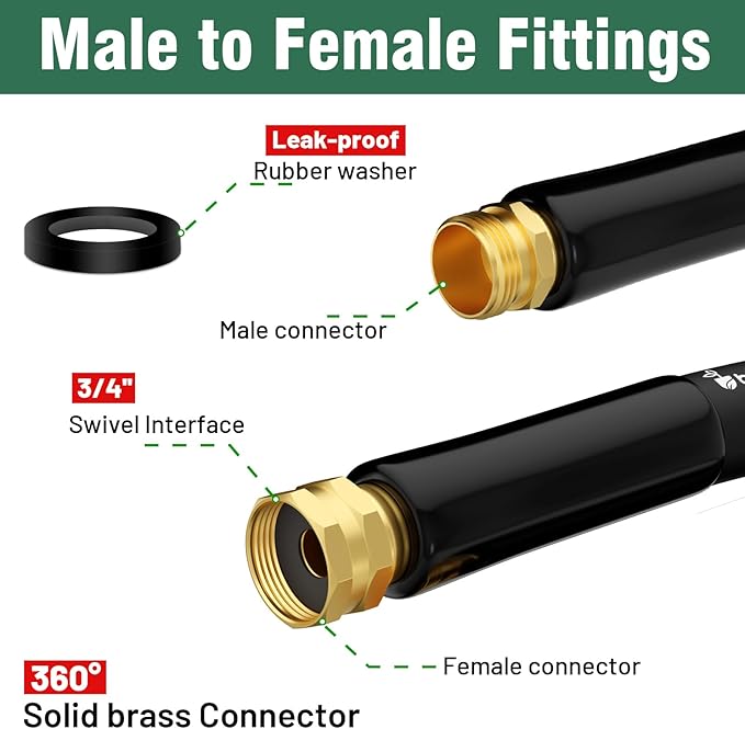 Garden Hose 50 ft x 5/8 in Heavy Duty Water Hose, Flexible and Durable, Lightweight Rubber Hybrid Hose, Leak-Free Connections, Male to Female 3/4'' Brass Fittings for Patio, Lawn, Black