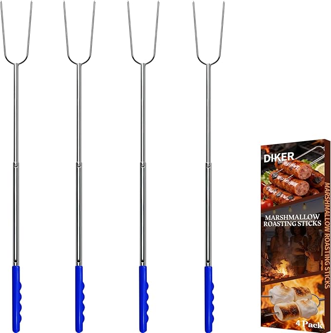 DIKER Marshmallow Roasting Sticks for Fire Pit, Smores Sticks, Hot Dog Sticks for Campfire, Extra Long 27.5" Smores Skewers, Stainless Steel Barbecue Forks, Camping Outdoor Cooking Essentials, 4 Pack
