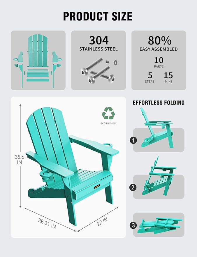 Folding Adirondack Chair Set of 4, Wooden Textured Plastic Adirondack Chairs with 2 Cup Holder, Weather Resistant HDPE Fire Pit Chair, Outdoor Patio Chairs for Garden, Backyard, Lawn, Deck, Lake Blue
