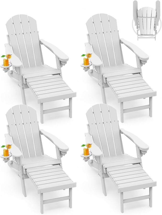 GREENVINES Adirondack-Chairs-with-Ottoman | Set of 4 | Folding | Retractable-Footrest | HDPE Plastic | All Weather Fire Pit Chair | Cup Holders | White | for Outdoor Poolside