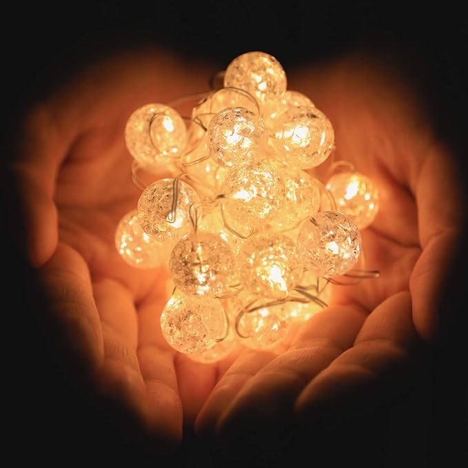 Globe String Lights for Bedroom, Decorative Lightning, Christmas Lights, Crystal Crackle Ball Lights 10Ft 30 LED Soft White Battery Operated Fairy Lights Perfect for Valentine's Day Decor