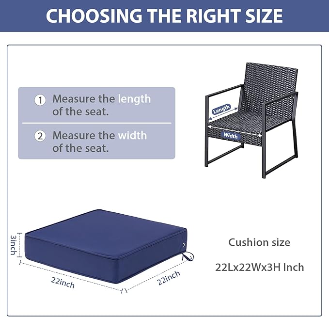 Outdoor Chair Cushions Set of 2, Waterproof Patio Chair Cushions, Outdoor Patio Furniture Replacement Seat Cushions, 22 x 22 x 3 inch, Blue