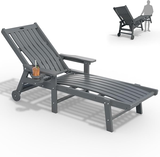 Patio Chaise Lounge Chair, Oversized Lounge Chair Outdoor with 5 Positions, HDPE, Patio Lounge Chair with Wheels & Cup Holder for Pool, Deck, Poolside,Grey