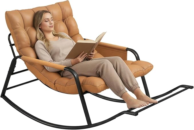 Oversized Indoor Rocking Chair, Plush Papasan Chair with Comfy Padded Cushions & Side Pocket, for Patio Garden, Porch, Lounge, Outdoor, Orange