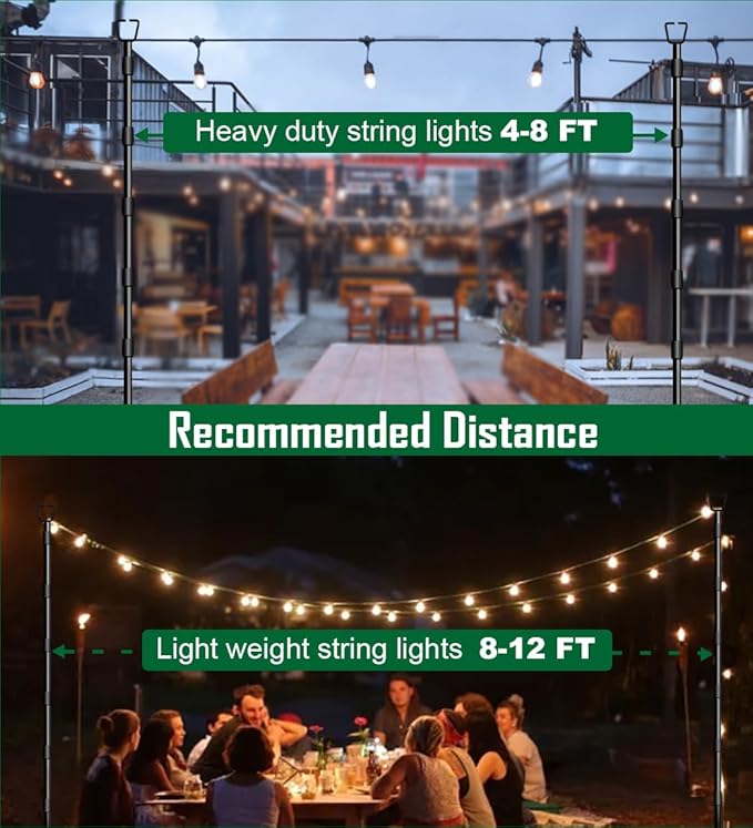 10Ft String Light Poles for Outside - 2 Pack Adjustable Metal Poles for Outdoor String Lights, Rustproof & Sturdy Light Stand Posts for Patio, Backyard, Deck, Garden, Party Decorations