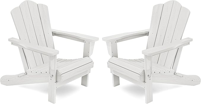 KINGYES Folding Adirondack Chair Set of 2, HDPE All-Weather Folding Adirondack Chair, White