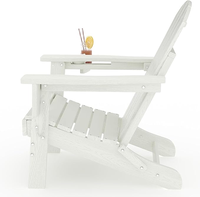Folding Adirondack Chair Set of 4, All-Weather HDPE Outdoor Chair, Wooden Textured with Cup Holder for patios, Decks, Gardens, fire pits, White