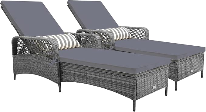 Tangkula Wicker Chaise Lounge Outdoor Set of 2, Patio Rattan Reclining Chaise with 6-Gear Adjustable Backrest, Thick Padded Cushion & Removable Lumbar Pillow, Pool Lounge Chairs (Grey)