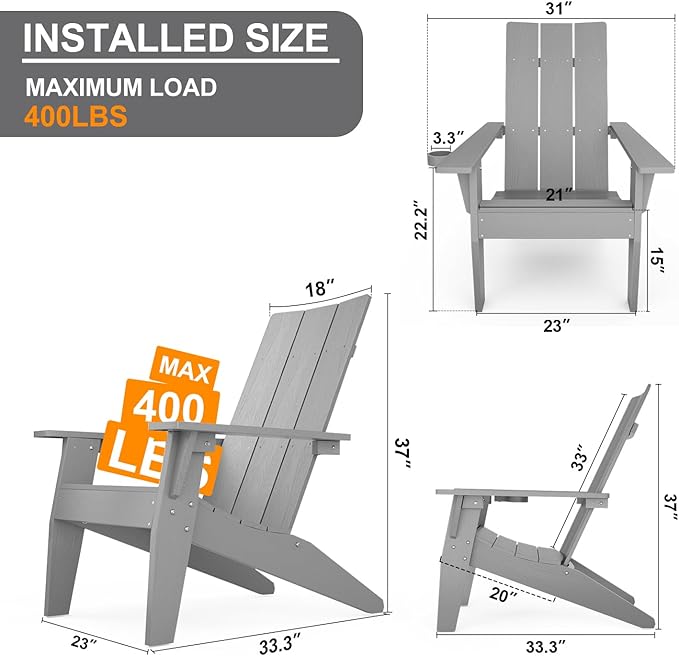 MXIMU Modern Adirondack Chairs Set of 8 Weather Resistant with Cup Holder Oversize Plastic Fire Pit Chairs Plastic Outdoor Chairs for Firepit Area Seating (Grey)