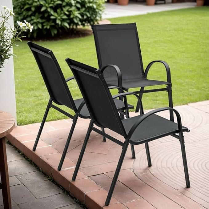 Devoko 4-Pack Stackable Patio Chairs Heavy-Duty Rust-Resistant Outdoor Dining Chairs with Ultra-Comfort Textilene Fabric for Deck, Porch, Garden & Balcony (Black)