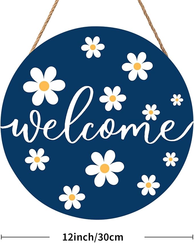 Spring White Daisy Flower Door Sign For Front Door Decor,Daisy Welcome Blue Wooden Sign 12"x 12" Round Spring Hanging Door Sign Decoration for Wall Rustic Decor
