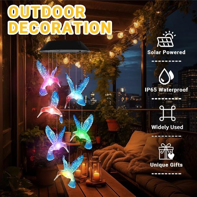 Hummingbird Solar Wind Chimes for Outside - AIONASA Color Changing LED Outdoor Solar Lights Waterproof Windchimes, Hanging Gifts for Mom Grandma Women, Home Garden Patio Yard Porch Decoration
