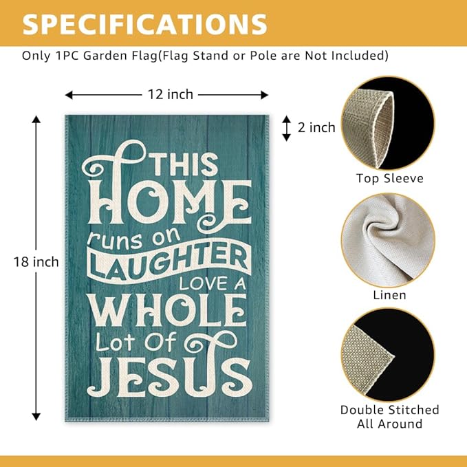 This Home Runs on Laughter Love a Whole Lot of Jesus Garden Flag, Double Sided Yard Outdoor Farmhouse Lawn Porch Decor Flag, Christian Religious Decor Flag, Bible Faith Housewarming Gifts