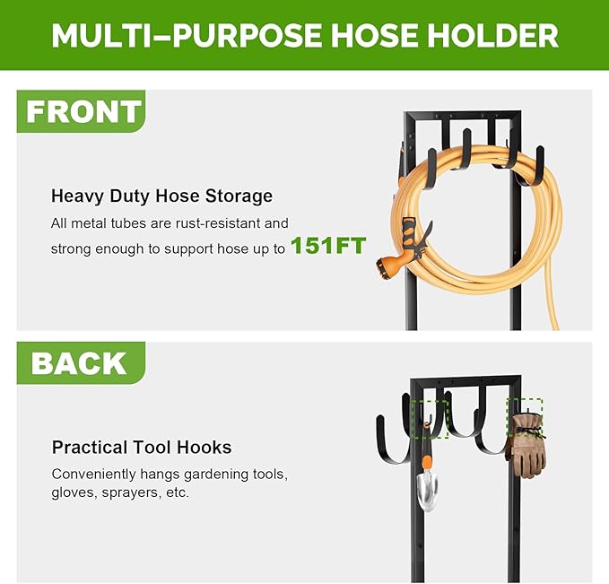 Heavy-Duty Garden Hose Holder with Stable Base and Tool Hooks, Freestanding Metal Hose Hanger Garden Hose Storage Holds 151Ft Hose, Rustproof Water Hose Holder for Outside Yard Lawn, Black