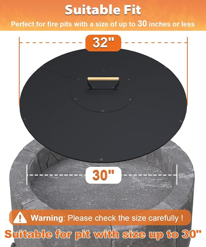 32" Wooden-Handle Fire Pit Lid for Pits up to 30", Round Metal Bonfire Pit Burner Pan Cover, Smokeless Fire Pit Cover for Fire Tables, All-Weather Resistance Outdoor Firepit Accessory