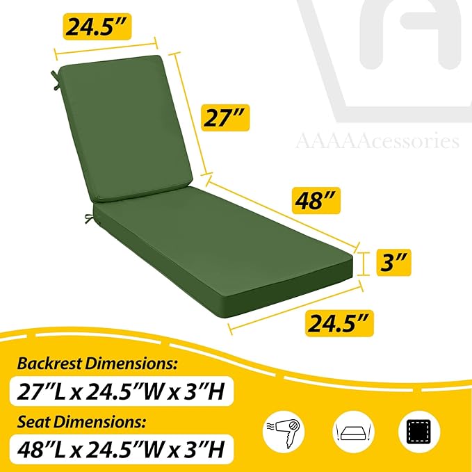 AAAAAcessories Outdoor Chaise Lounge Cushions, Fade-Resistant, Waterproof Patio Furniture Replacement Cushions, 75" x 24.5" x 3", Dark Moss Green
