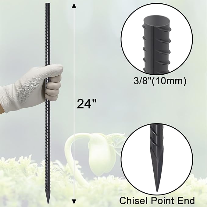 VVOKGO Rebar Stakes 24 Inch Ground Straight Concrete Form Stakes Heavy Duty (24pcs), 3/8" Diameter Metal Steel Spikes Anchors with Chisel Point End for Plant Support, Garden Border,Landscape Edging
