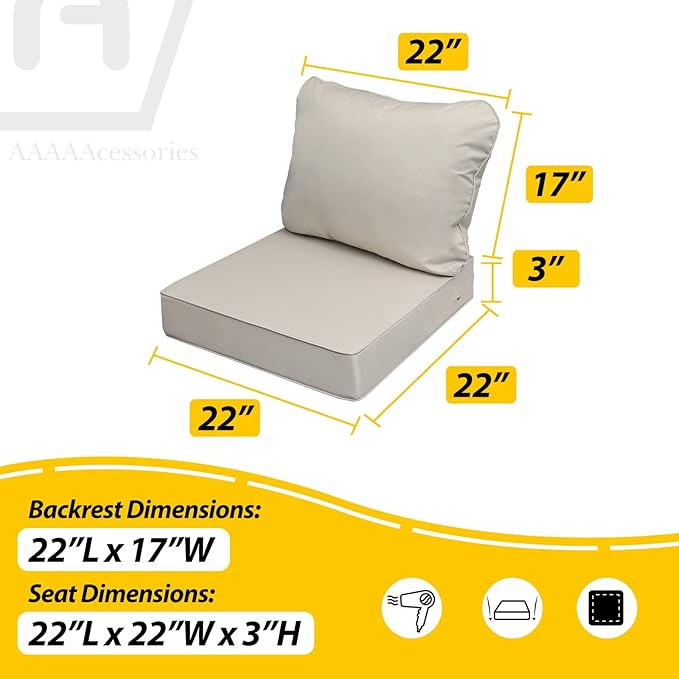 AAAAAcessories Outdoor Seat Cushions for Chairs, Fade-Resistant, Waterproof Patio Furniture Replacement Cushions, 22" x 22" x 3" + 22" x 17", Set of 4, Beige