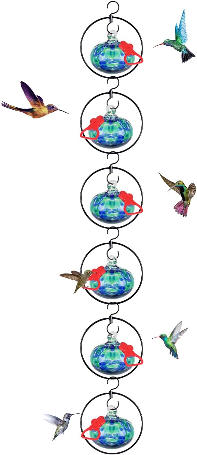 6 Pack Circular Hummingbird feeders for Outdoors Hanging,Hand Blown Glass Hummingbird Feeder with 6 Adjustable Silicone Perch,Never Leak,Gardening Gifts for Woman Man(Blue)