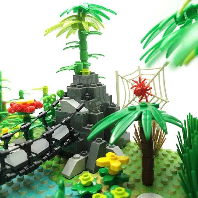 ZHX Rainforest Jungle Bridge Building Block Toys with 2pcs Baseplates(10x10 inches Each) Garden Bricks Accessories Bush Flowers Animals Coconut Trees for Classic Brick Block Toys