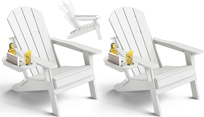 Adjustable Adirondack Chair Set of 2 with Cup Holder, All Weather HDPE Fire Pit Chairs for Deck, Backyard, Patio, White