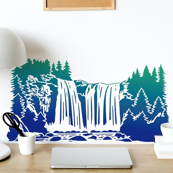 MAYJOYDIY 2pcs Waterfall Scenery Stencil Splicing Patterns 22×11inch Large Forest Mountain Landscape Stencil with Paint Brush Natural Scenery 11.8×11.8inch Drawing Template for Wood Walls Canvas
