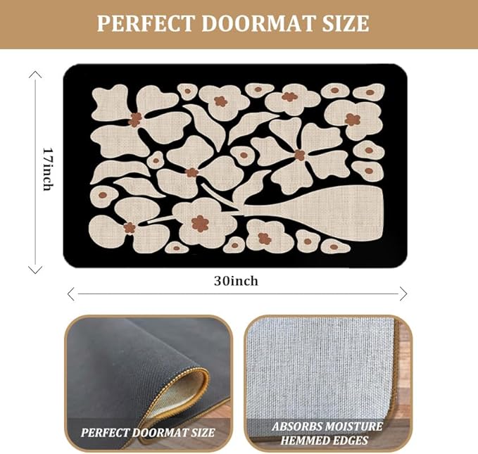 Boho Beige and Black Floral Door Mat - Bohemian Neutral Floral Front Door Welcome Mats Outdoor Entrance, 17x30 Rug