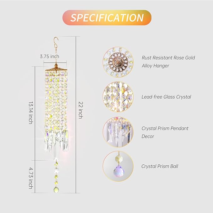 Crystal Wind Chimes for Outside with Rainbow Light Reflections Glass Bells and Rose Gold Alloy Hooks Indoor Outdoor Decor for Home Garden Patio Porch Birthday House Warming (Colorful)