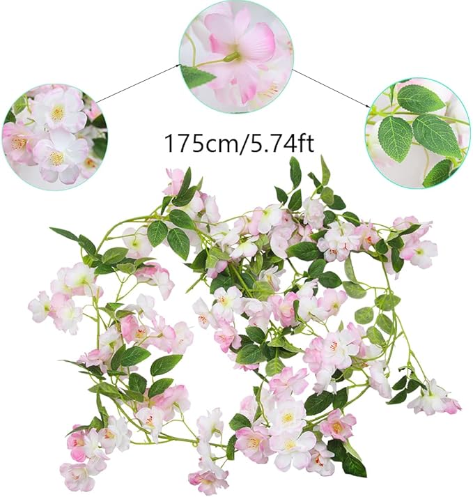 CISDUEO Artificial Cherry Blossom Flower Vine Pink Hanging Cherry Blossom Flower Silk Garland Hanging Vines Faux Flowers for Outdoors Spring Wedding Party Home Table Centerpiece Arrangement Decor