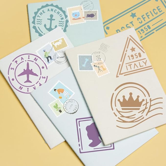 MAYJOYDIY 10 Styles Postal Stencil 11.7×8.3inch Vintage Stamp Travel Seal Stencil with Paint Brush Reusable Post Office Airplane Anchor Drawing Templates for Crafts Furniture Wood Canvas Home Decor