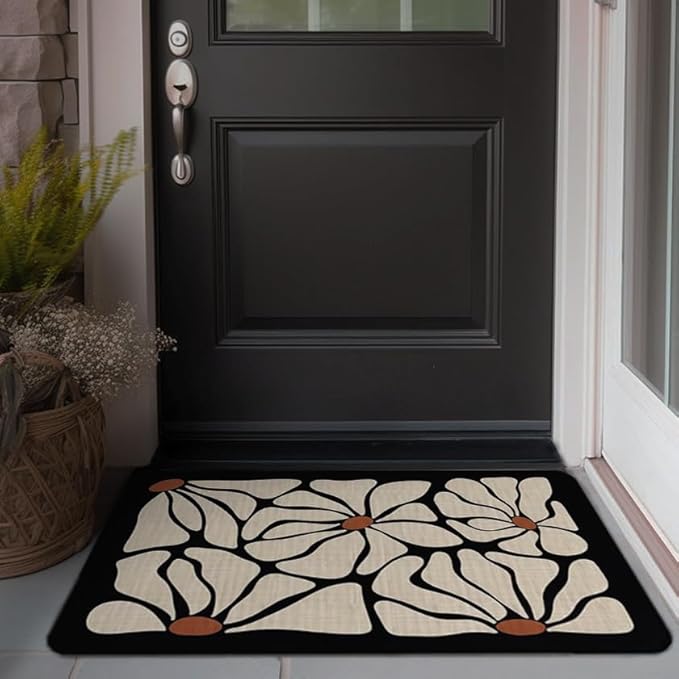 Boho Beige and Black Floral Door Mat Set 2 - Bohemian Neutral Floral Front Door Welcome Mats Outdoor Entrance, 17x30 Rug