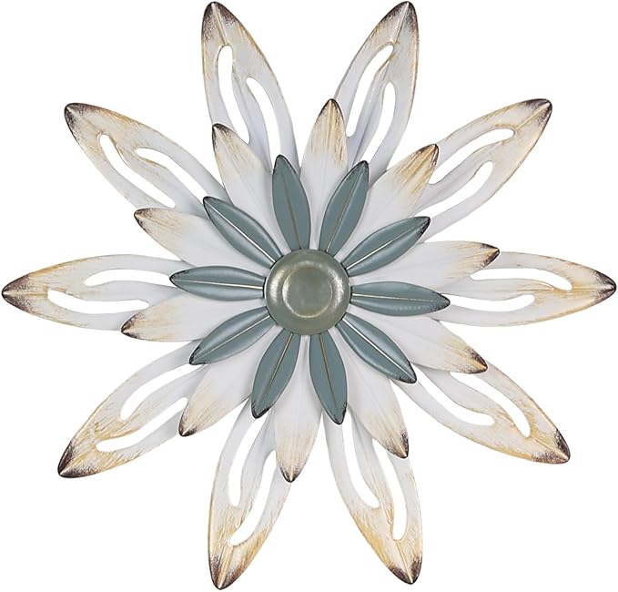 hogardeck Metal Flower Farmhouse Wall Decor, 16" Large Floral Metal Blue White Wall Art for Indoor Outdoor, Boho Wall Decor for Bathroom, Living Room, Kitchen, Bedroom, Porch, Garden, Yard