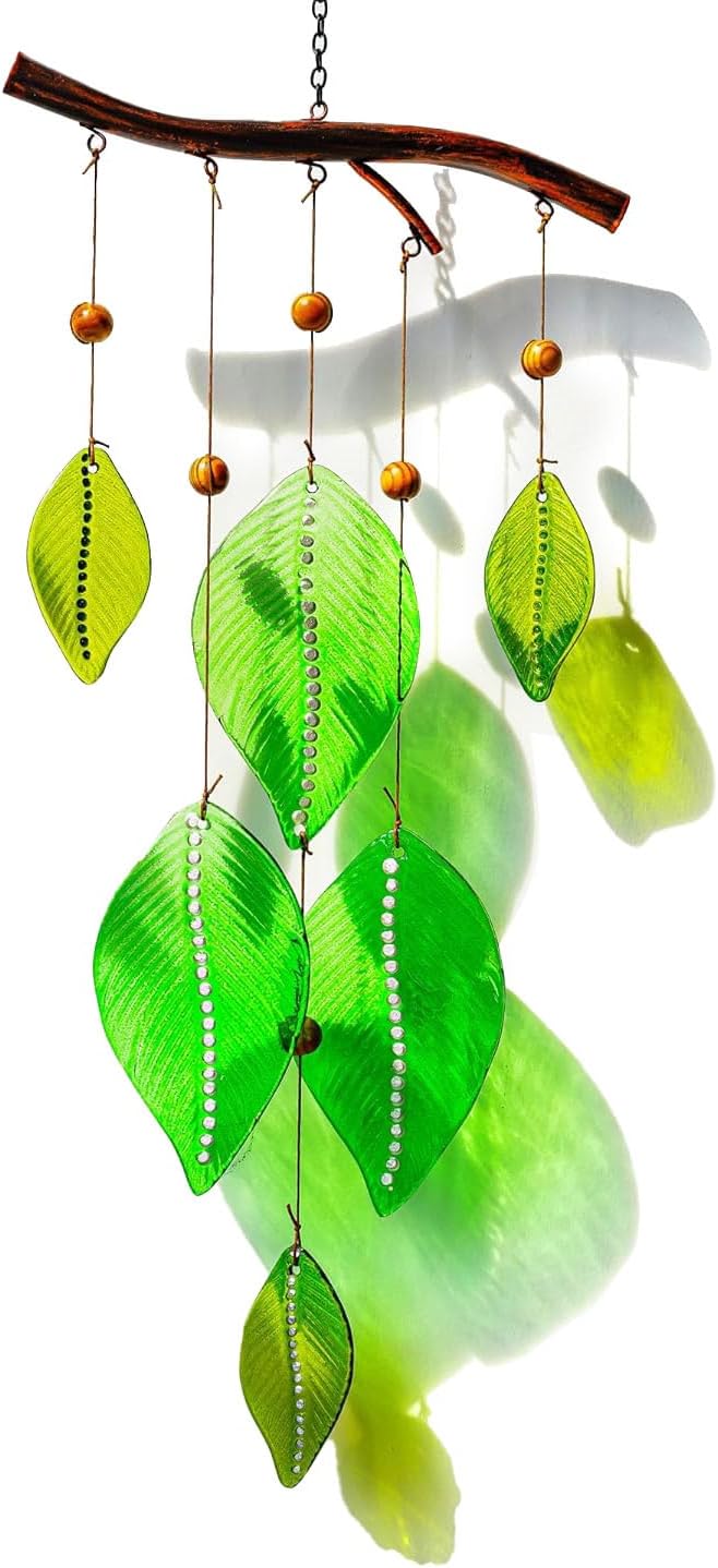 Glass Wind Chimes for Outside,Unique Handmade Windchimes Outdoors with Stained Glass Leaves for Home Window Garden Yard Patio Decor,Green 20"