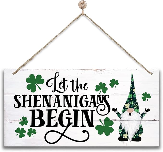 St. Patrick's Day Gnome Wood Sign - 'Let the Shenanigans Begin' - Hanging Wall Art, Irish Home Decor