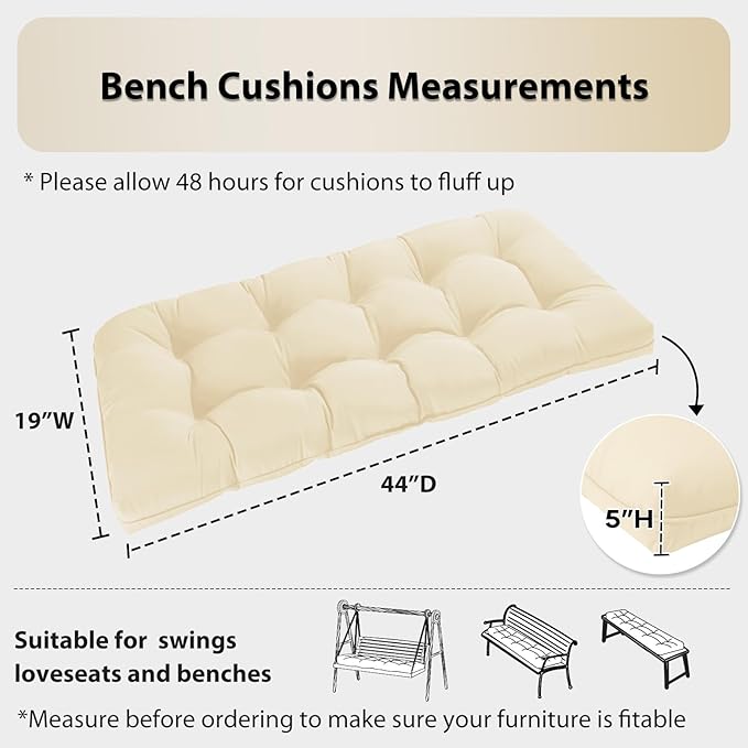 Tufted Bench Cushions for Outdoor Furniture, 44" x 19" Porch Swing Cushions Filled with Foam, Overstuffed Patio Cushions for Bench Loveseat with 2-3 Seats,Thick and Water Resistant, Beige