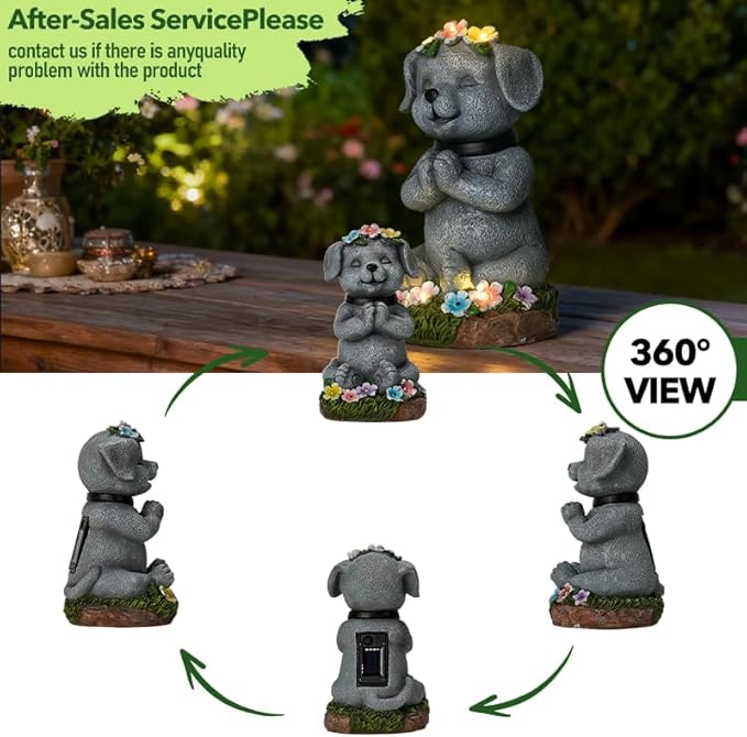 Meditating Dog Garden Statue with Solar LED Lights - Zen Yoga Puppy Figurine with Succulents, Waterproof Resin Decor, 8.7" Outdoor Sculpture, Heartwarming Dog Lover Gifts for Women, Mom, Yard Art
