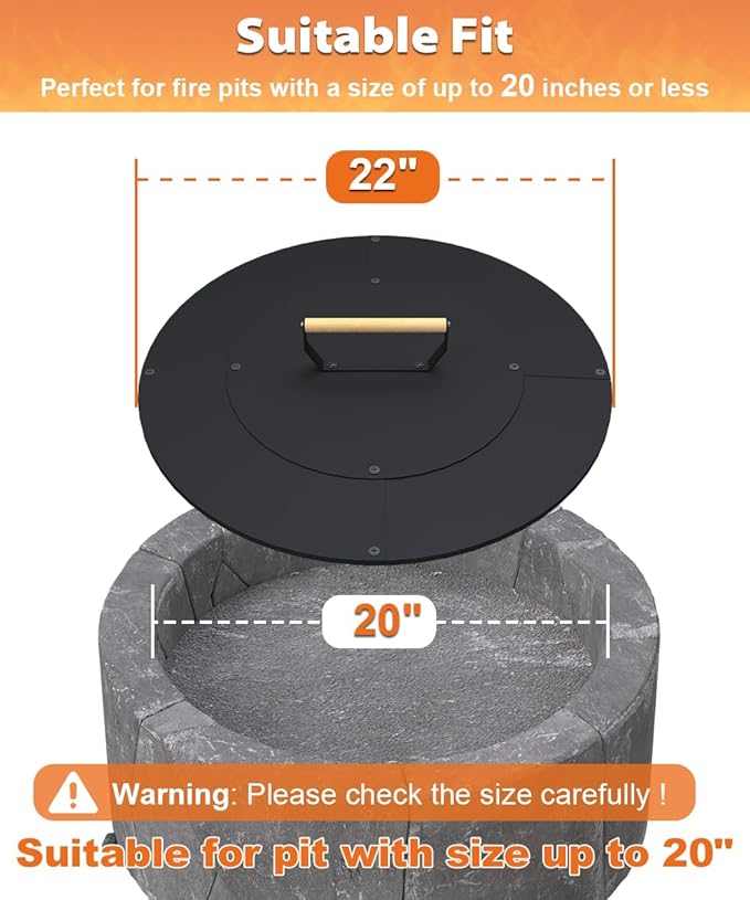 22" Wooden-handle Fire Pit Lid for Pits up to 20", Round Metal Bonfire Pit Burner Pan Cover, Smokeless Fire Pit Cover for Fire Tables, All-Weather Resistance Outdoor Firepit Accessory