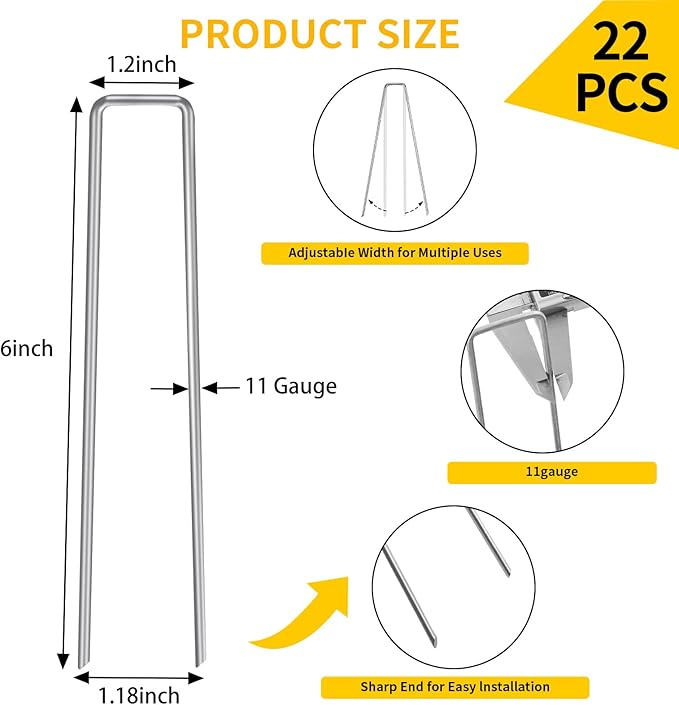 CEWOR 22 Pack Landscape Staples 6 Inch, Galvanized 11 Gauge Garden Stakes SOD Pins U-Shaped Tent Stakes Yard Plant Cover Stakes Ground Staples for Landscaping Fabric, Lawn, Turf, Fence