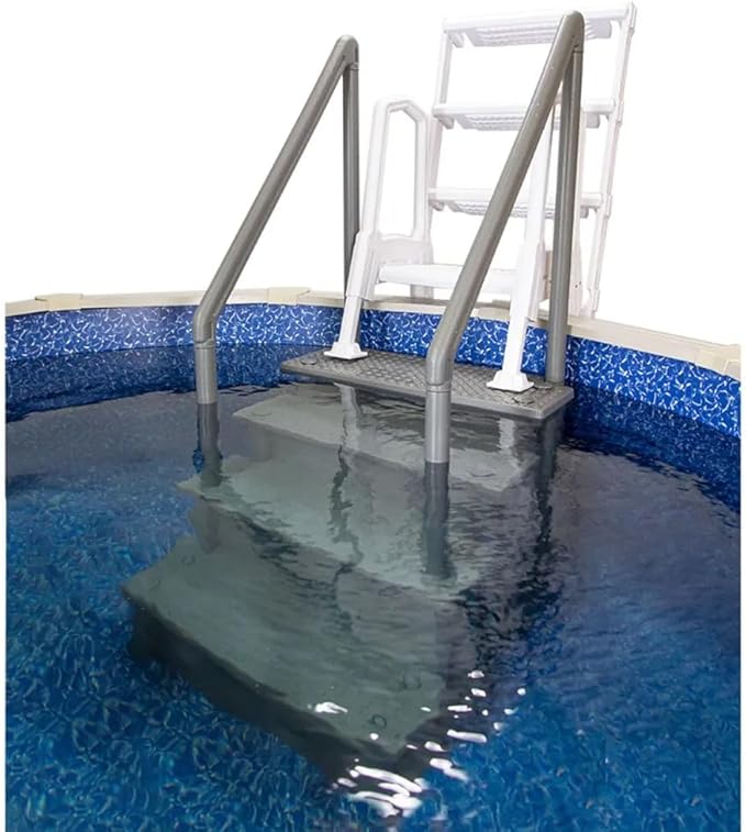Aqua Select Anti-Slip in-Pool Steps with Outside Flip-Up Ladder | Gray | for Above Ground Swimming Pools | Can Mount to Decks 48" to 54" H | Safety Stairs Capacity Up to 350 lbs