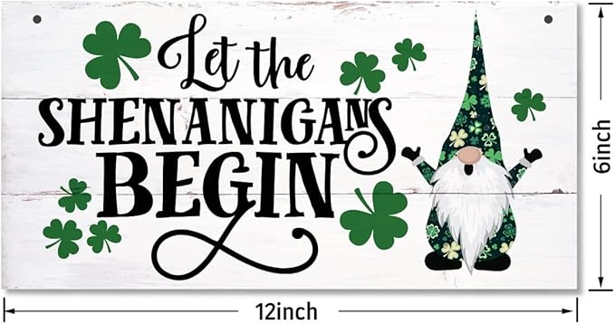 St. Patrick's Day Gnome Wood Sign - 'Let the Shenanigans Begin' - Hanging Wall Art, Irish Home Decor