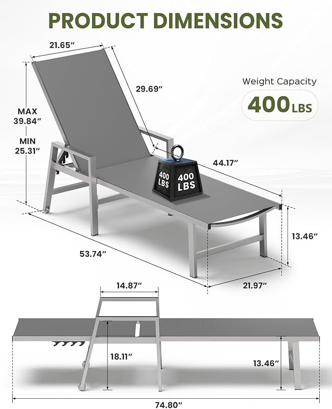 Patio Chaise Lounge Chair Outdoor with Wheels&Armrests, Aluminum Pool Lounge Chairs Set of 2 Five-Position Adjustable Recliner, Outdoor Beach Lounge Chairs for Poolside, Lawn, Deck, Yard, Dark Gray