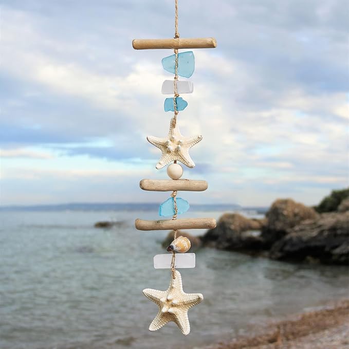 JQAQJU Sea Glass Wooden Nautical Wall Decor, Coastal Starfish Bathroom Decor Sea Shells, Driftwood Beach Room Decor for Home Indoor Outdoor, Coastal Wall Art for Living Room, Bedroom and Dining Room