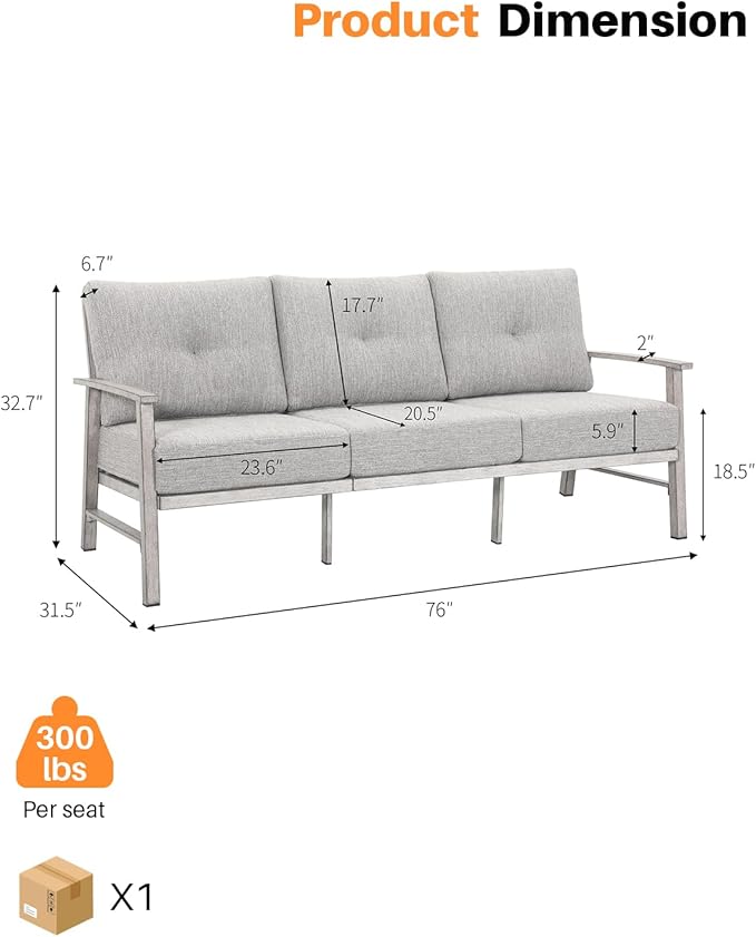 3 Seats Patio Furniture Sofa, Outdoor Aluminum Couch with 5.9'' Soft Cushion, 3-Seater All-Weather Outdoor Patio Furniture Sofa Couch for Balcony, Poolside, Lawn, White Oak
