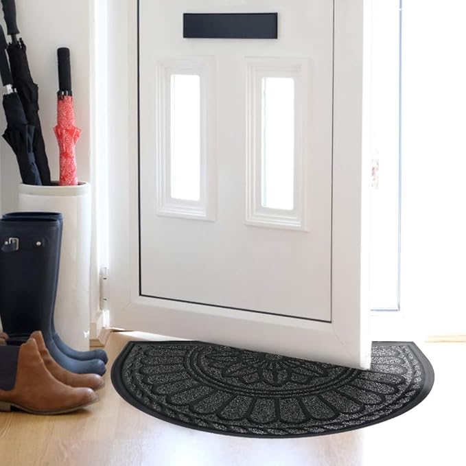 Mibao Half Round Door Mat, Non-Slip Welcome Entrance Way Durable Rubber Low-Profile Heavy Duty Doormat, Half Circle Mats for Garage, Patio, High Traffic Areas, 23.5" x 35.5", Gray